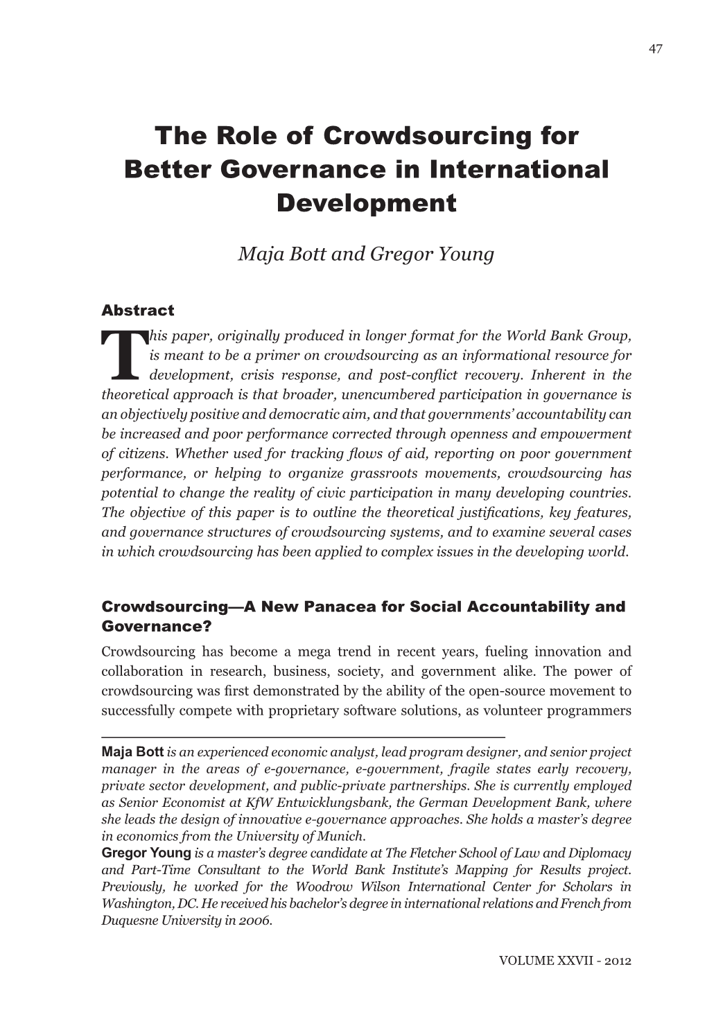 The Role of Crowdsourcing for Better Governance in International Development