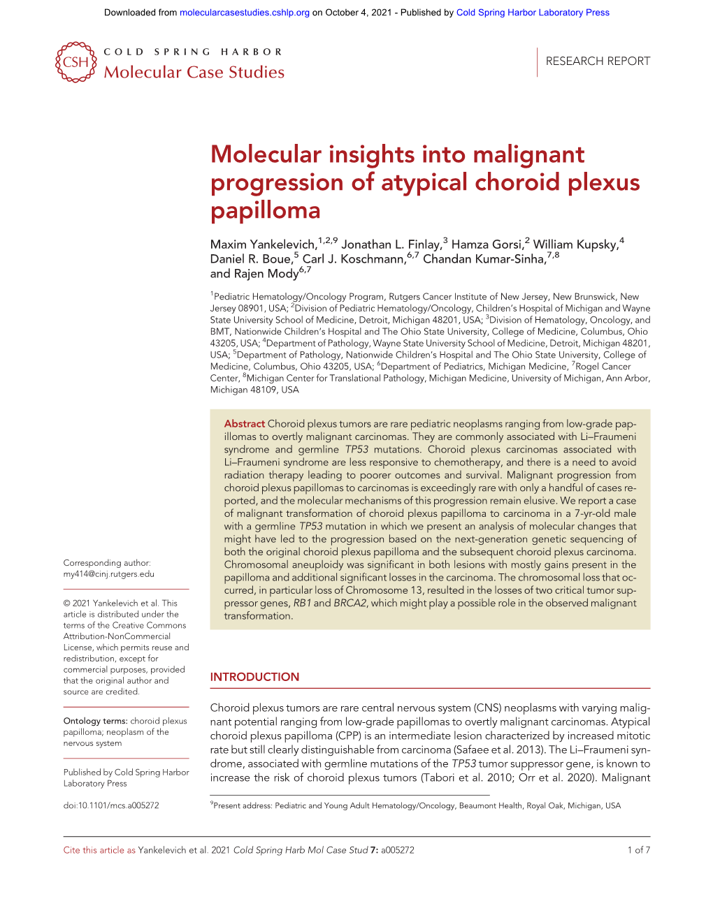 Molecular Insights Into Malignant Progression of Atypical Choroid Plexus Papilloma