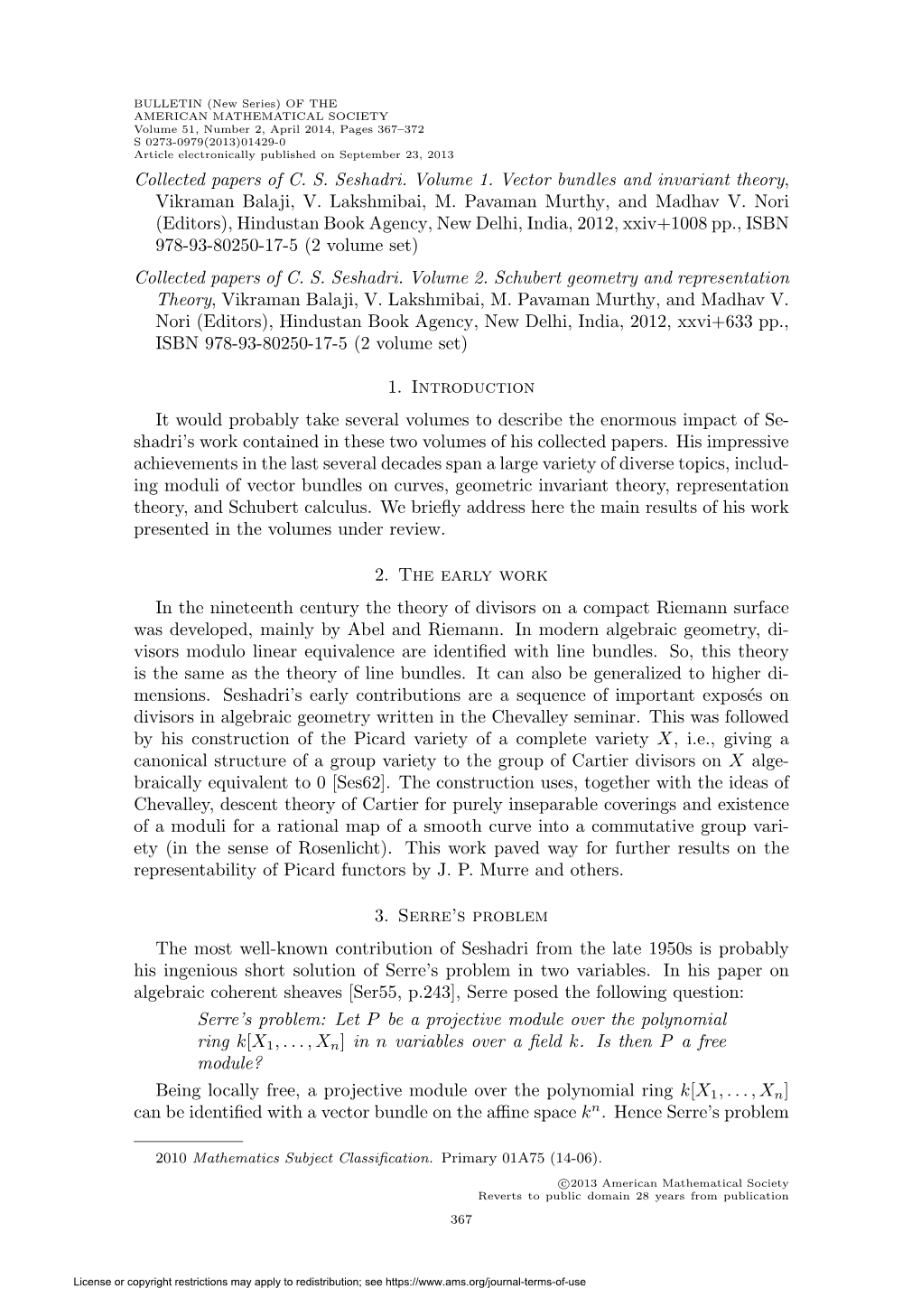 Collected Papers of C. S. Seshadri. Volume 1. Vector Bundles and Invariant Theory, Vikraman Balaji, V