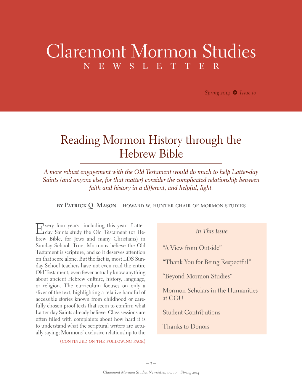 Claremont Mormon Studies Newsletter