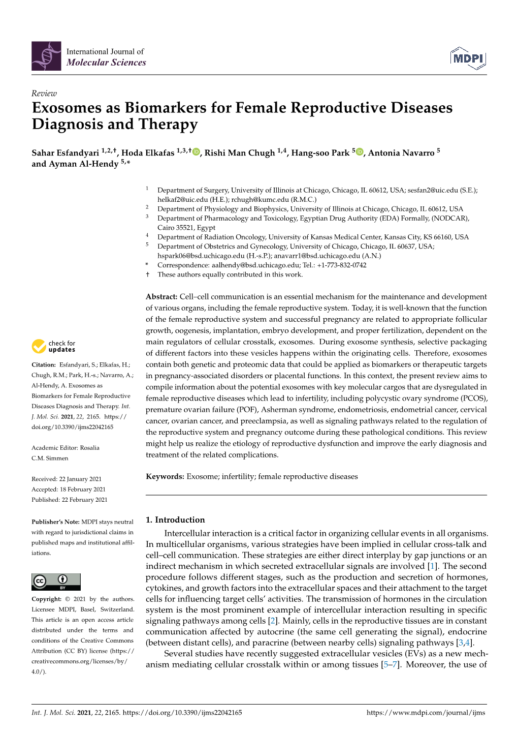 Exosomes As Biomarkers for Female Reproductive Diseases Diagnosis and Therapy