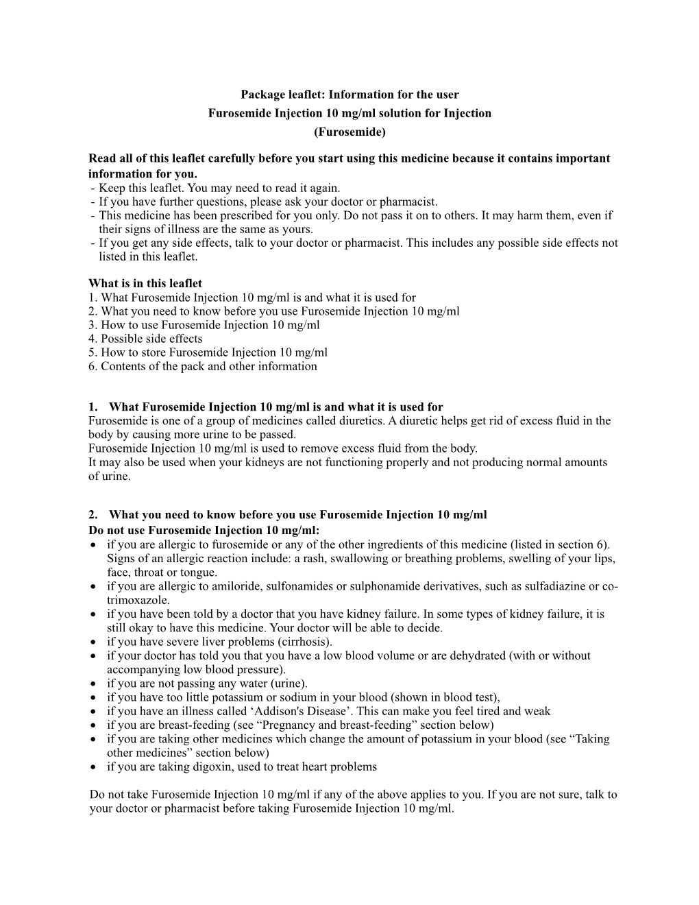 Package Leaflet: Information for the User Furosemide Injection 10 Mg/Ml Solution for Injection (Furosemide)