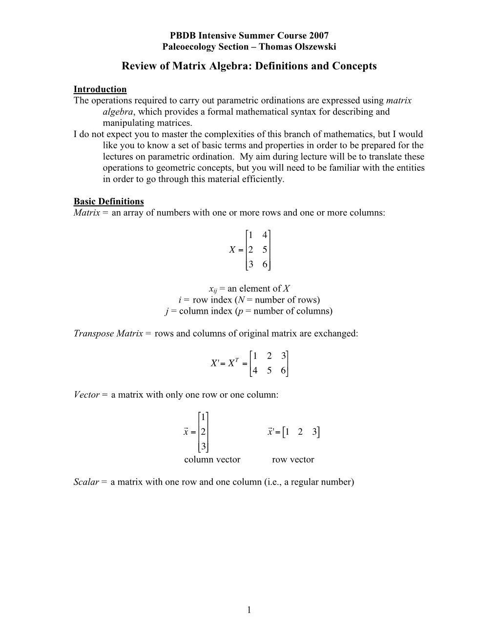 Review of Matrix Algebra: Definitions and Concepts