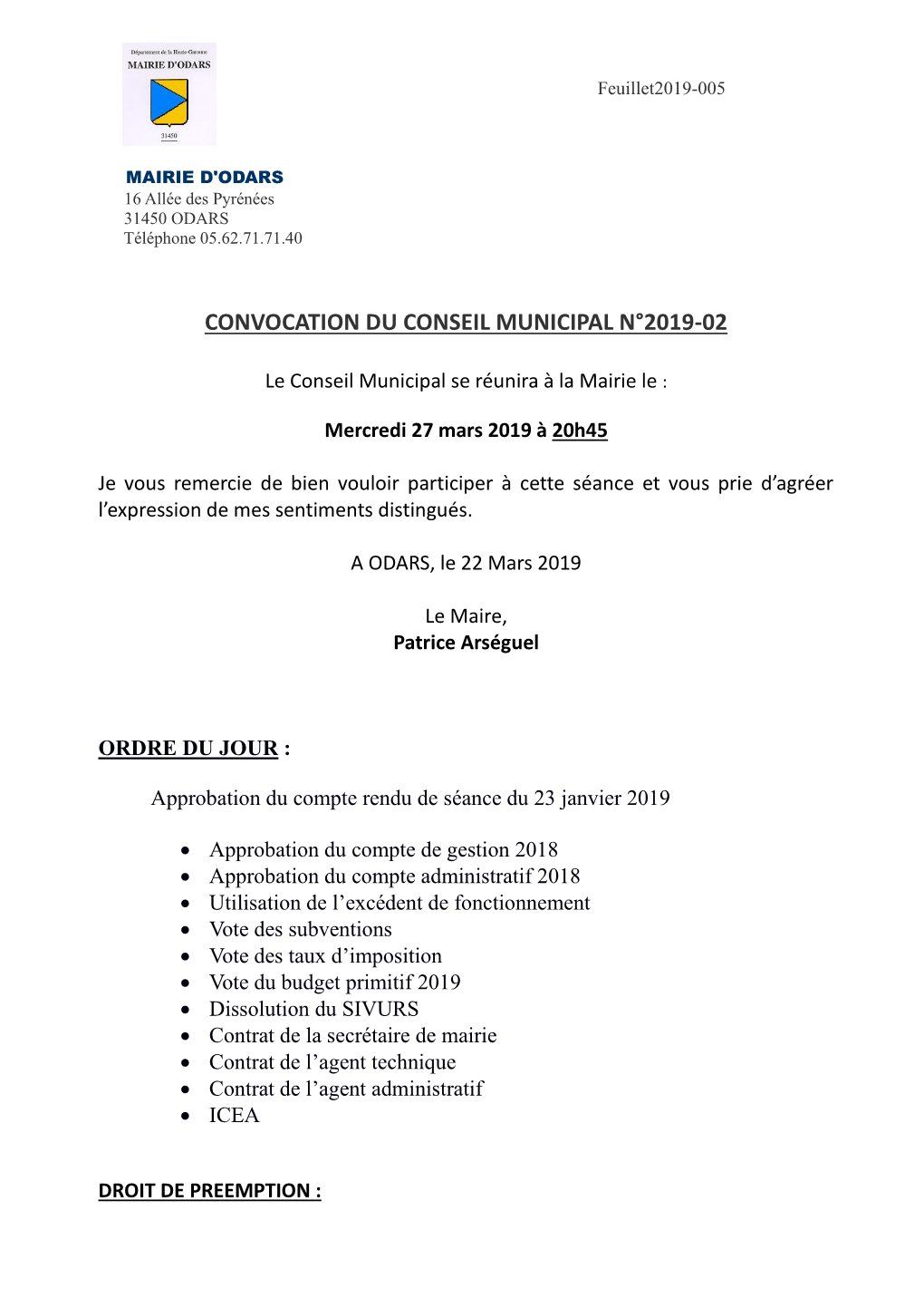 Convocation Du Conseil Municipal N°2019-02