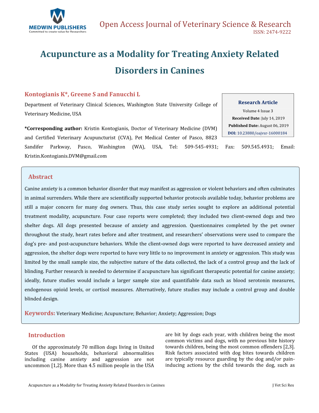 Kontogianis K, Et Al. Acupuncture As a Modality for Treating Anxiety Related Disorders in Copyright© Kontogianis K, Et Al