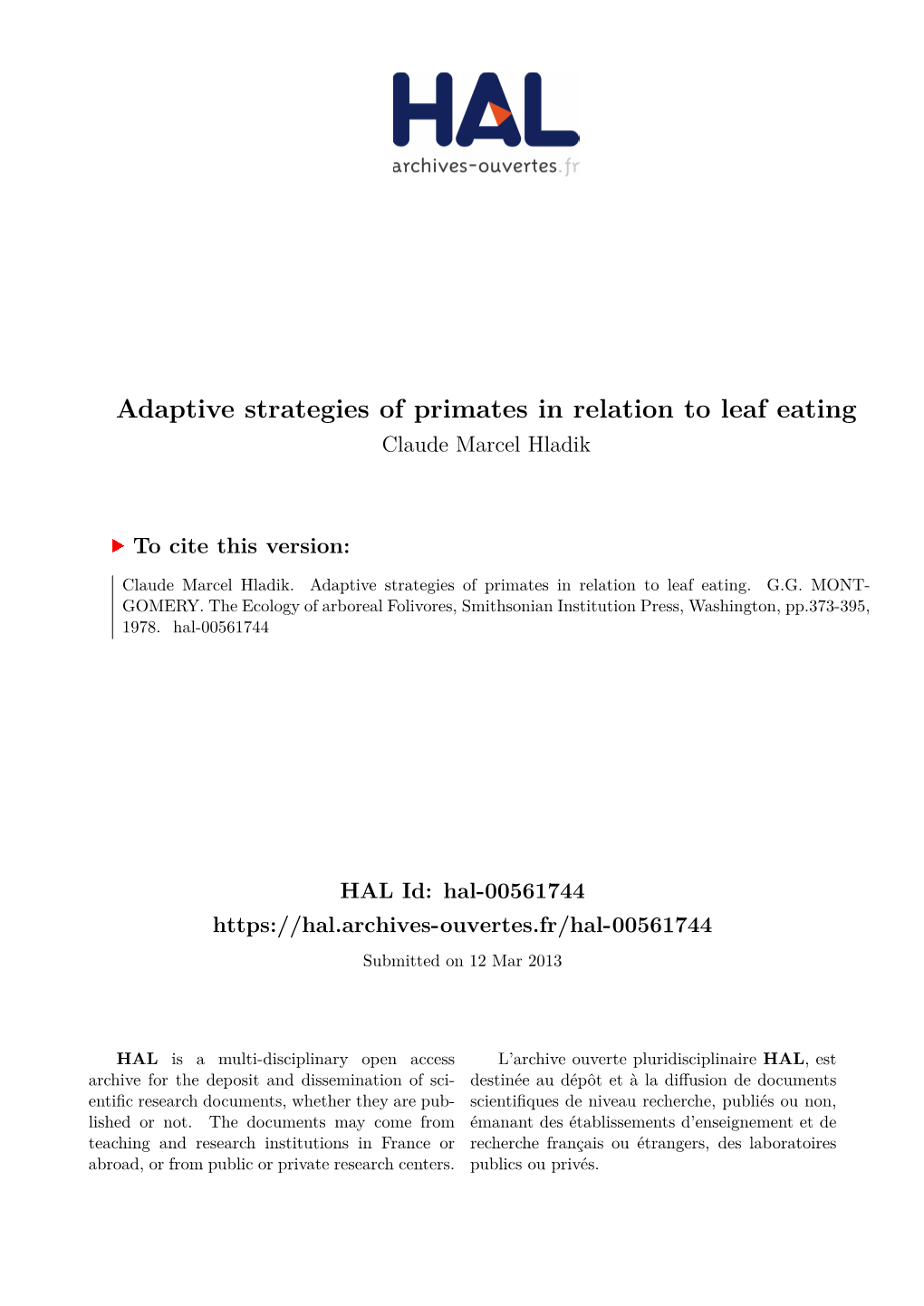 Adaptive Strategies of Primates in Relation to Leaf Eating Claude Marcel Hladik