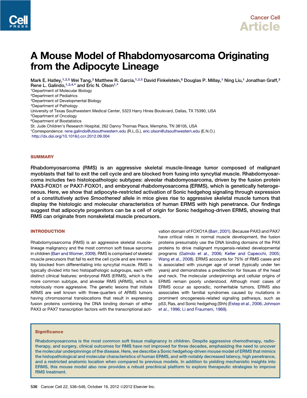 A Mouse Model of Rhabdomyosarcoma Originating from the Adipocyte Lineage
