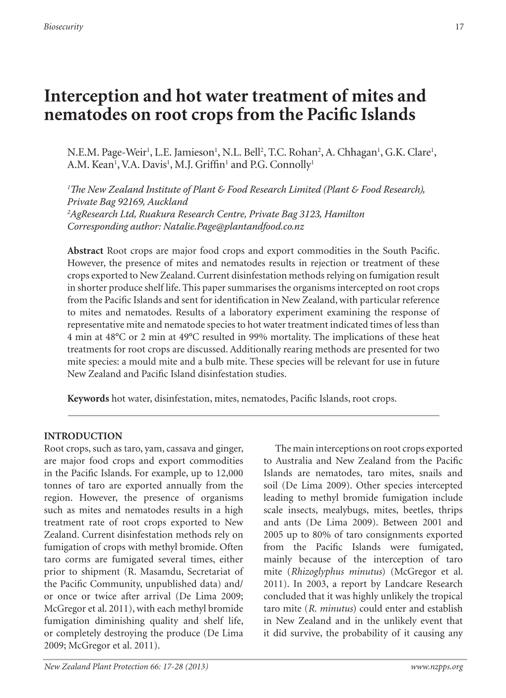 Interception and Hot Water Treatment of Mites and Nematodes on Root Crops from the Pacific Islands