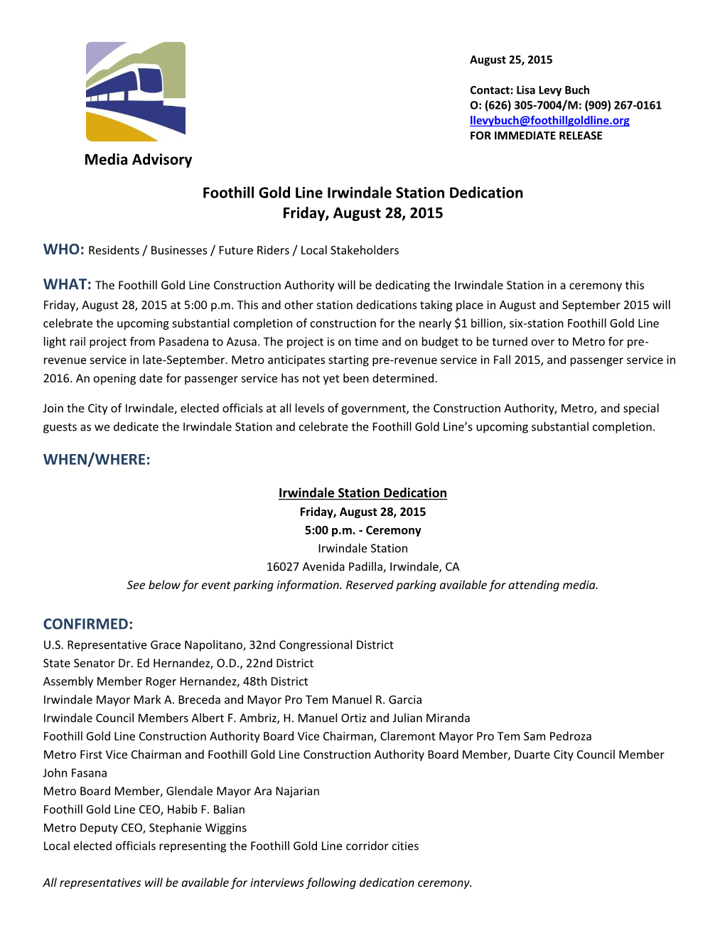 Media Advisory Foothill Gold Line Irwindale Station Dedication Friday