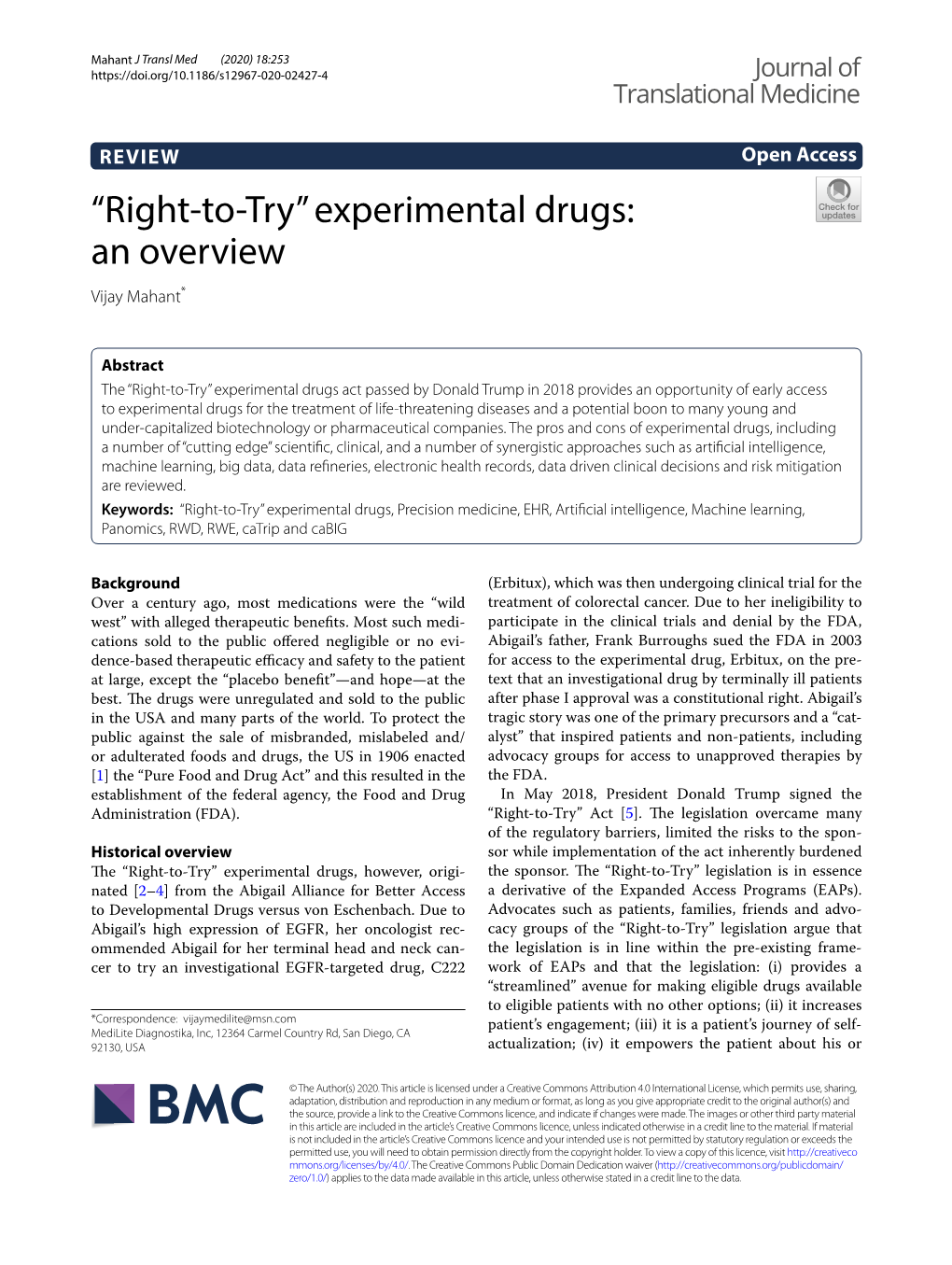 Experimental Drugs: an Overview Vijay Mahant*