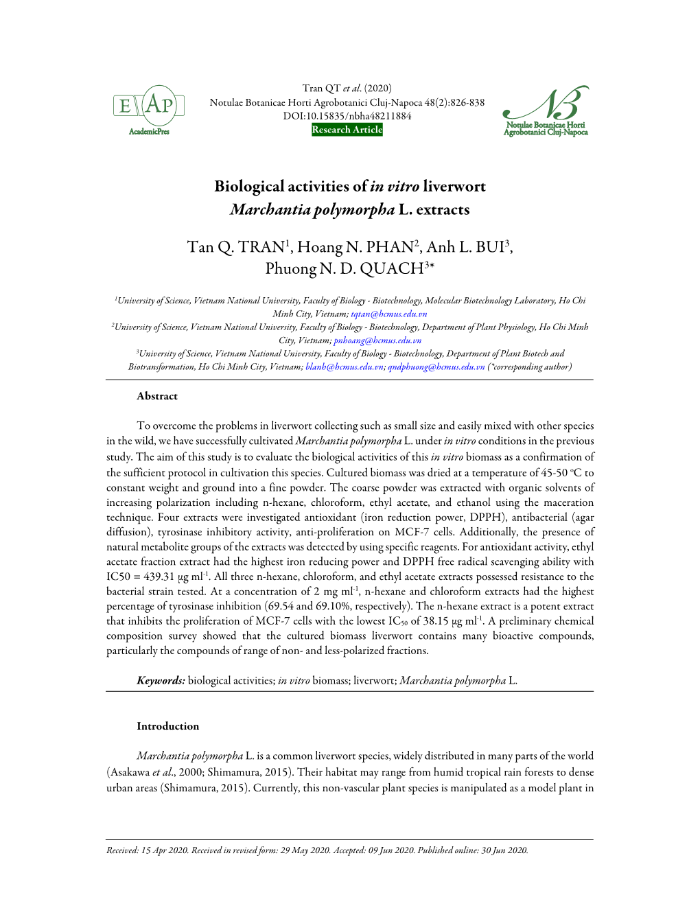 Biological Activities of in Vitro Liverwort Marchantia Polymorpha L. Extracts