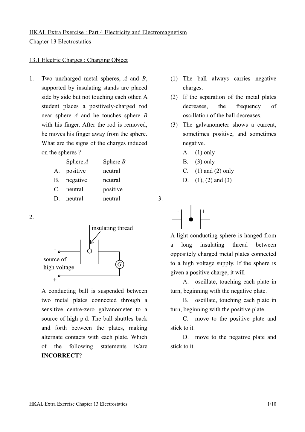 HKAL Extra Exercise : Part 4 Electricity and Electromagnetism