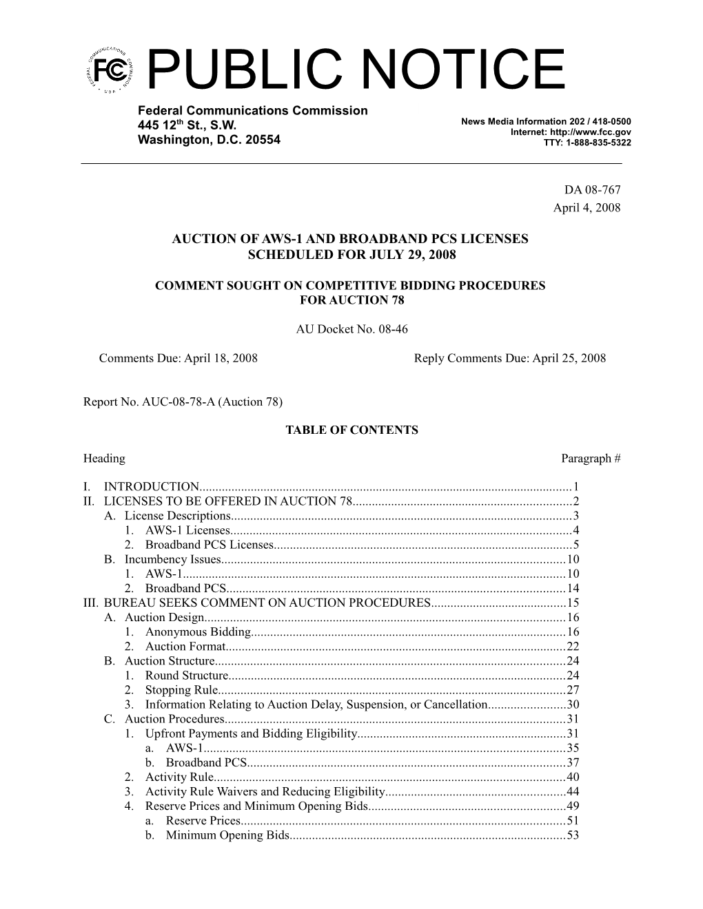 Auction of Aws-1 and Broadband Pcs Licenses