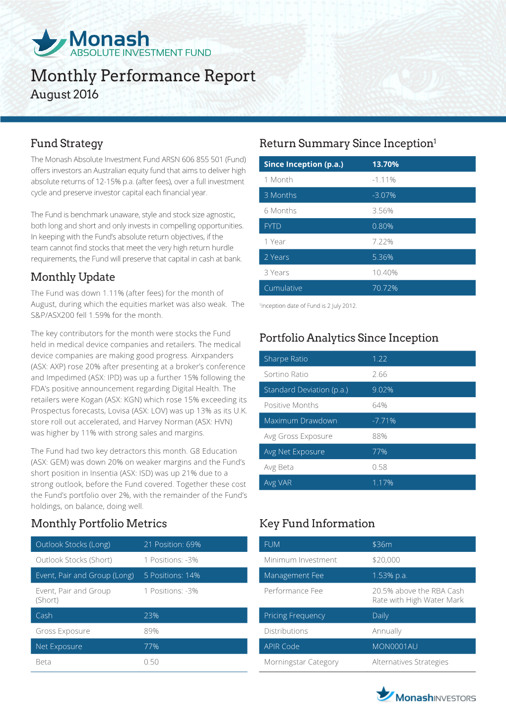 Monthly Performance Report August 2016