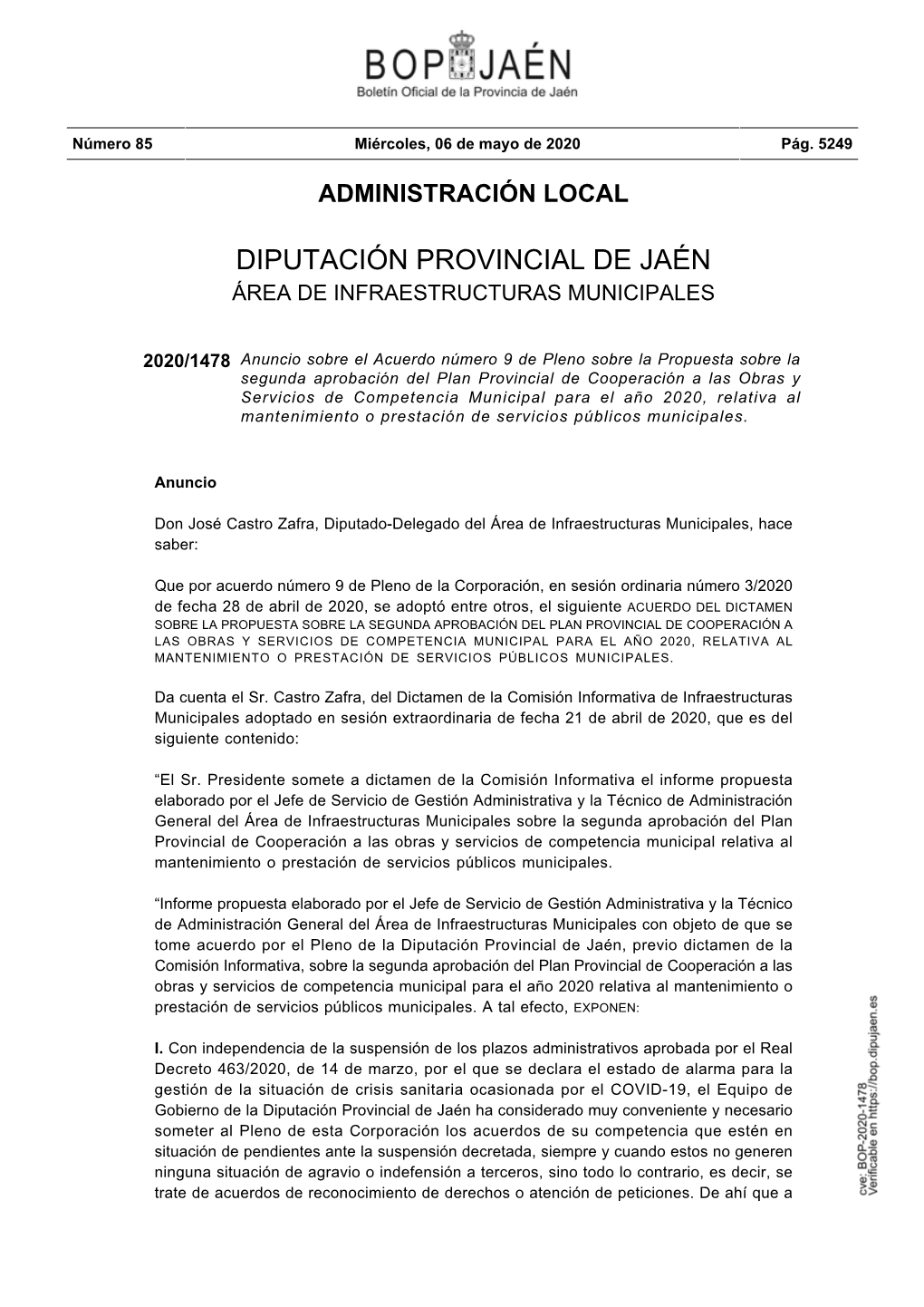 Diputación Provincial De Jaén Área De Infraestructuras Municipales