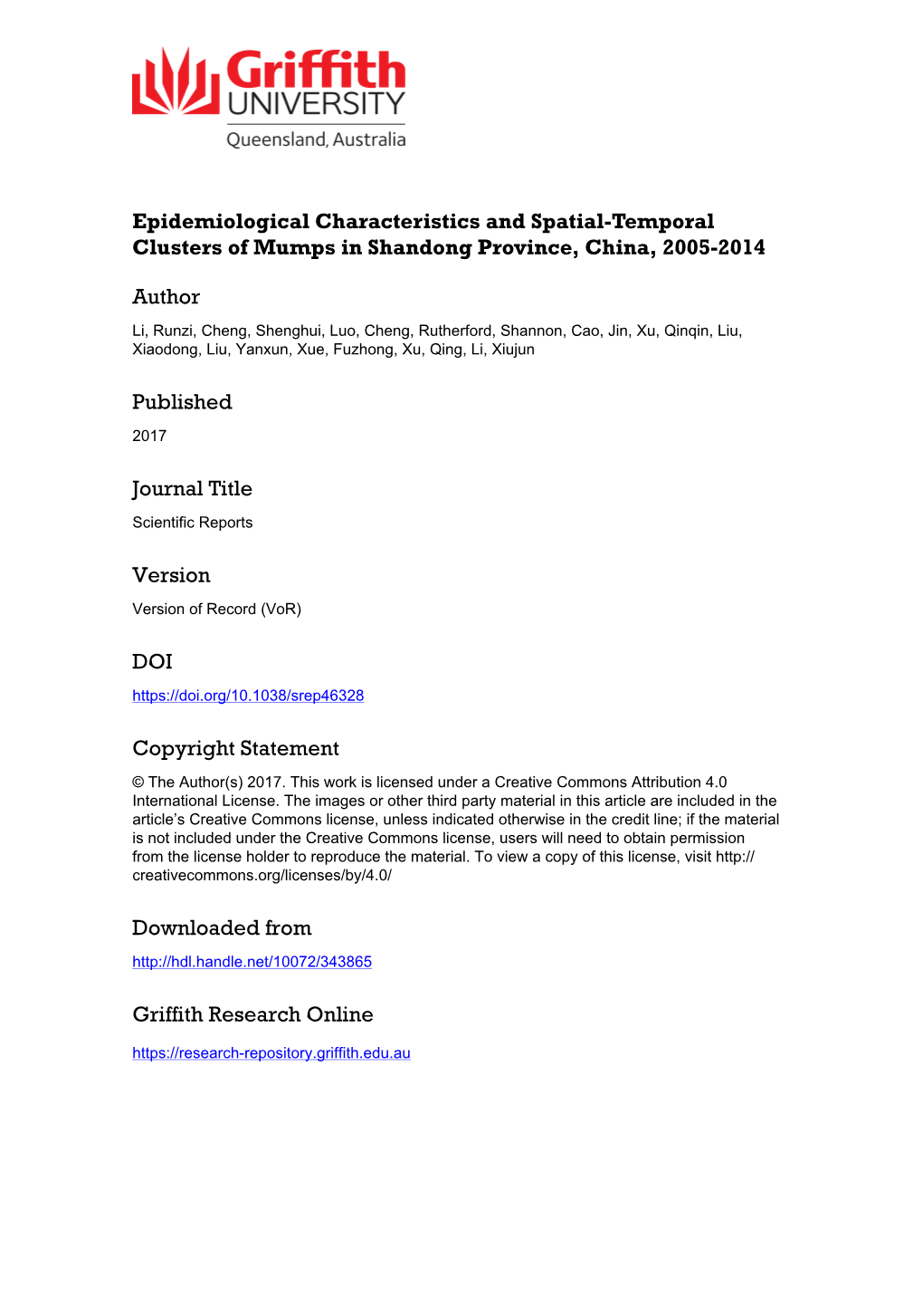 Epidemiological Characteristics and Spatial-Temporal Clusters of Mumps in Shandong Province, China, 2005–2014