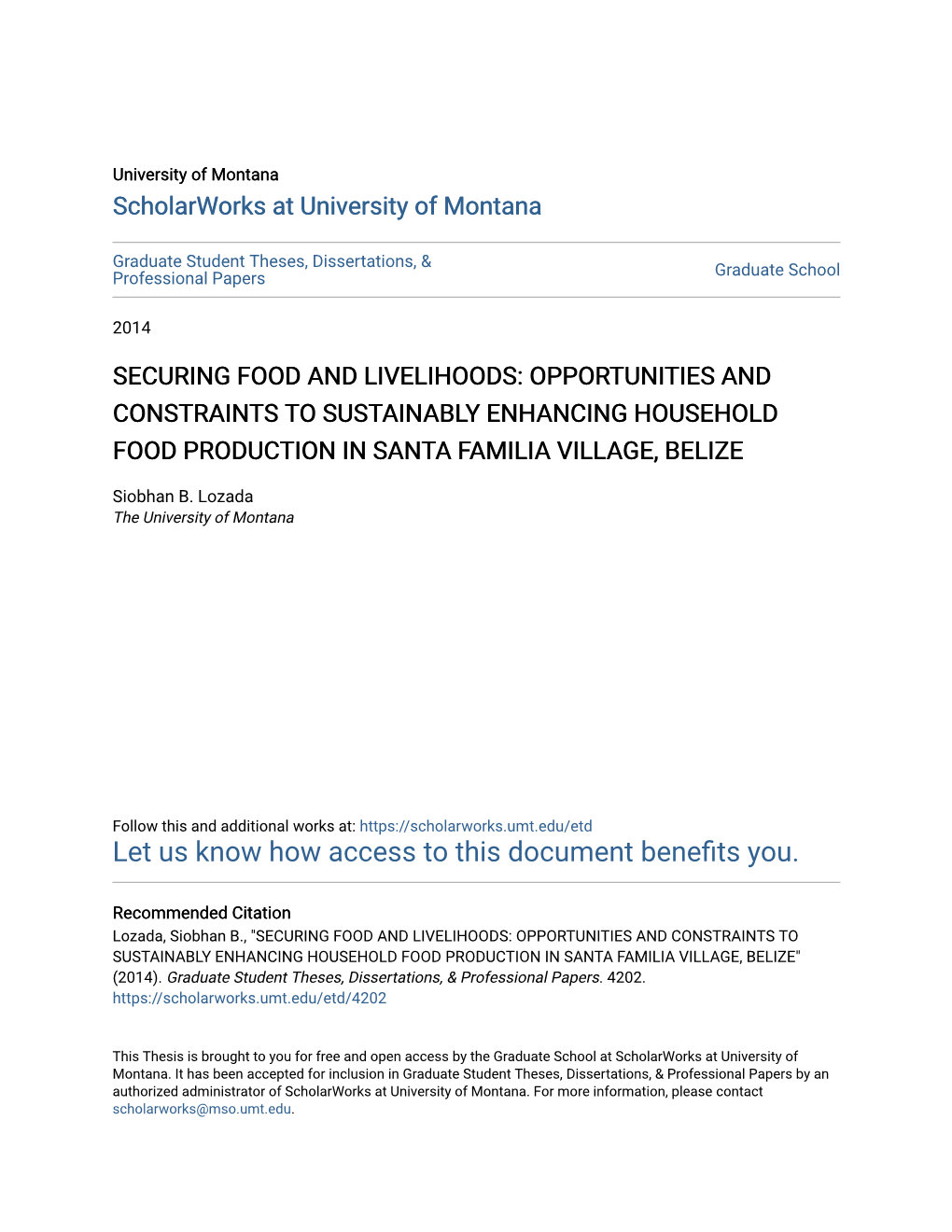 Securing Food and Livelihoods: Opportunities and Constraints to Sustainably Enhancing Household Food Production in Santa Familia Village, Belize