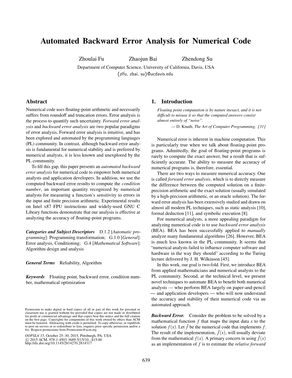 Automated Backward Error Analysis for Numerical Code