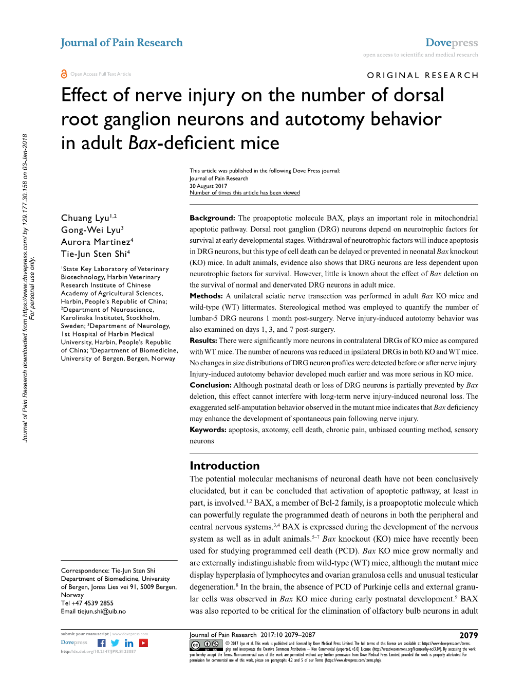 Effect of Nerve Injury on the Number of Dorsal Root Ganglion Neurons and Autotomy Behavior in Adult Bax-Deficient Mice