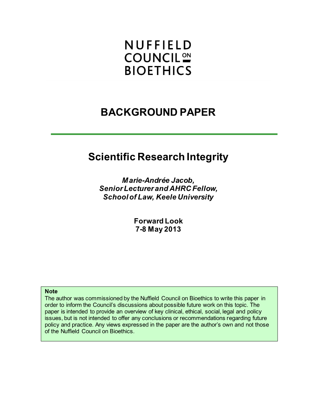 BACKGROUND PAPER Scientific Research Integrity