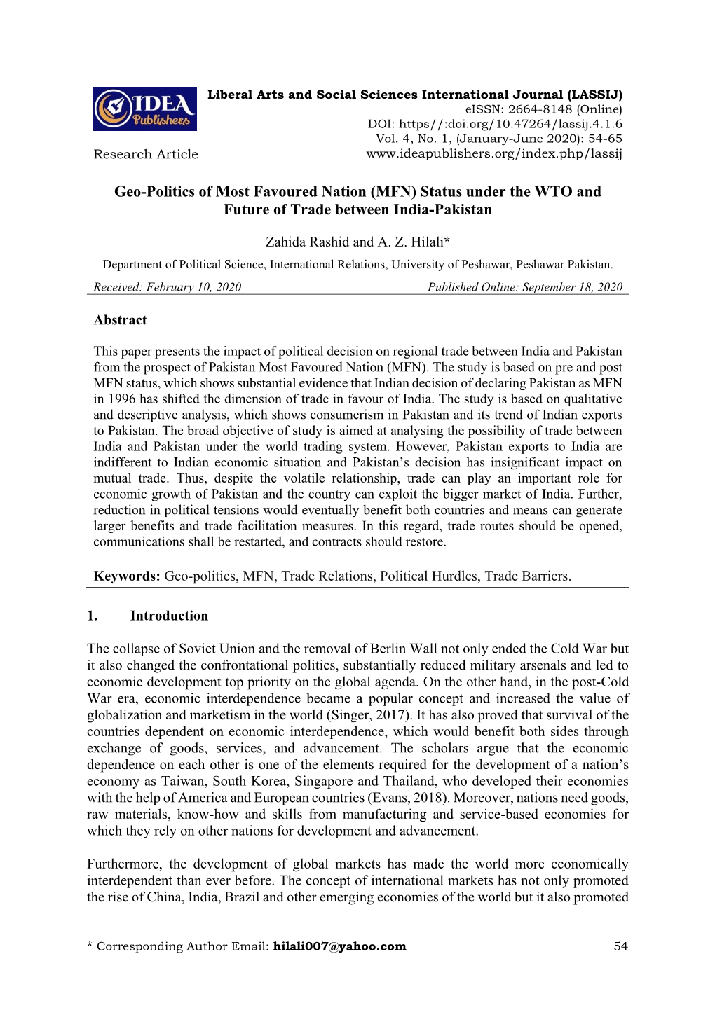 Geo-Politics of Most Favoured Nation (MFN) Status Under the WTO and Future of Trade Between India-Pakistan