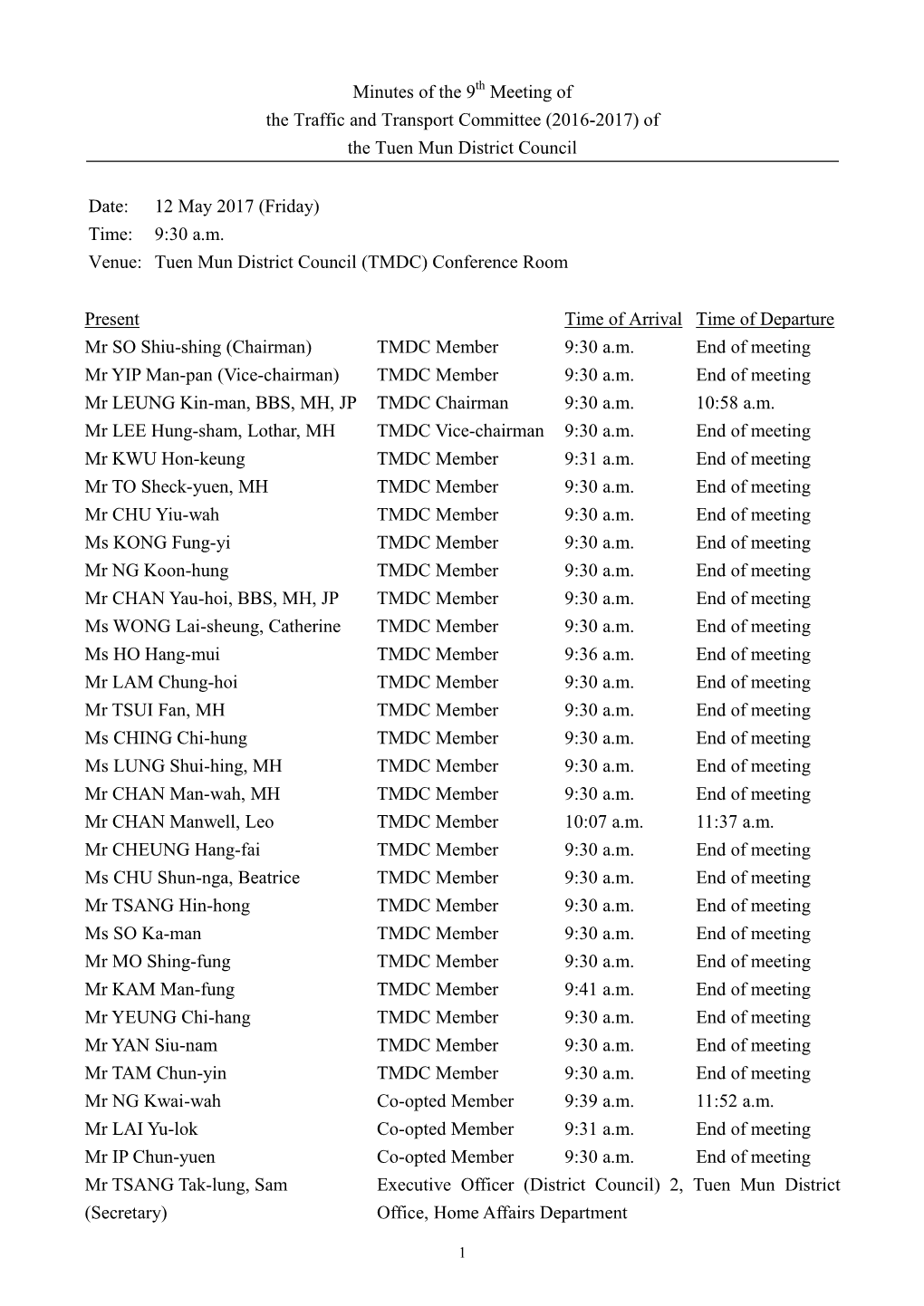 Minutes of the 9 Meeting of the Traffic and Transport Committee (2016