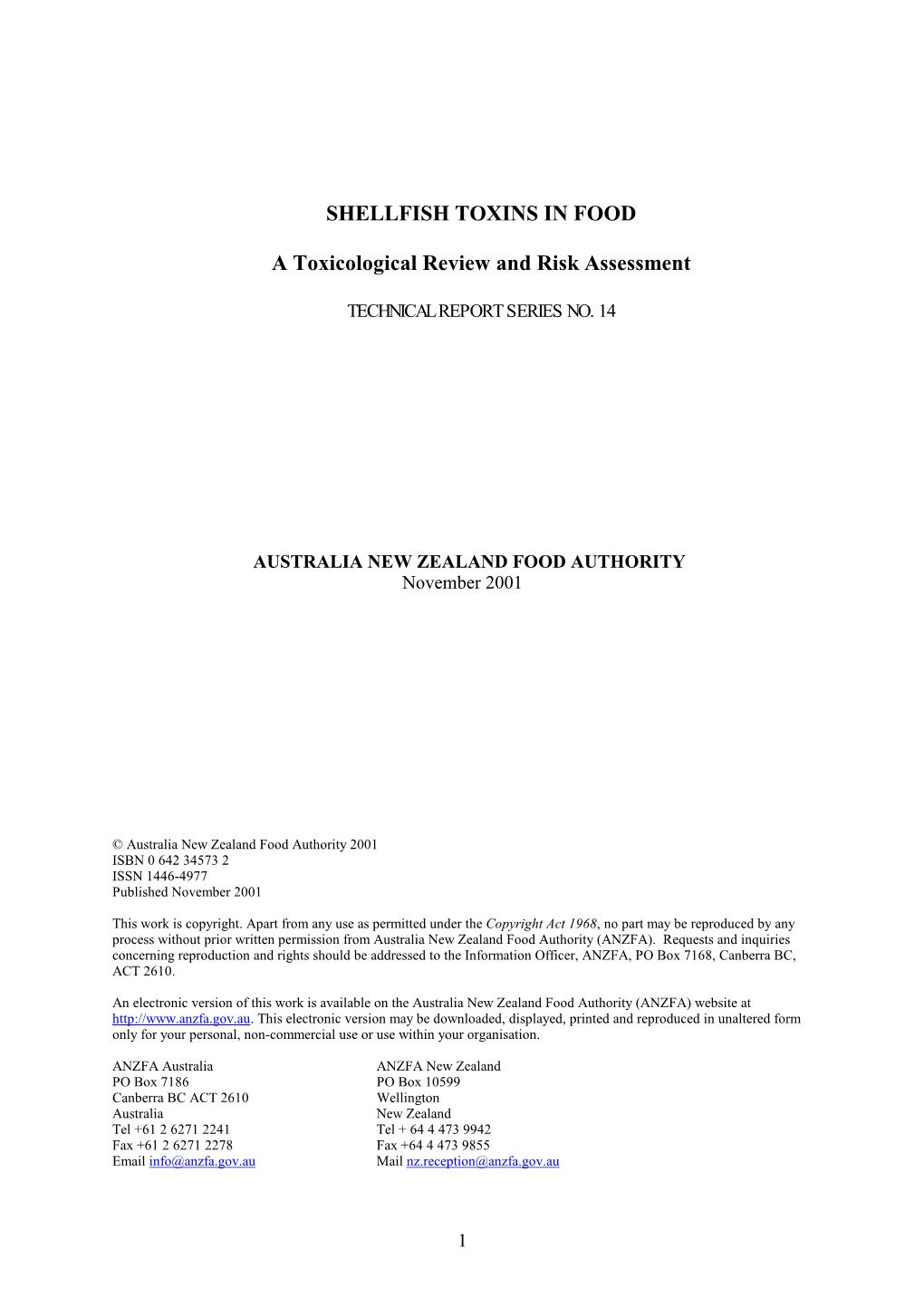 SHELLFISH TOXINS in FOOD a Toxicological Review and Risk Assessment