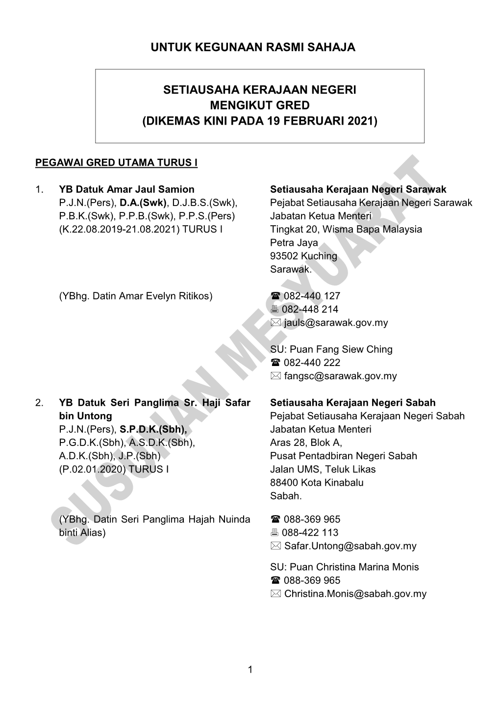 Untuk Kegunaan Rasmi Sahaja Setiausaha Kerajaan Negeri Mengikut Gred (Dikemas Kini Pada 19 Februari 2021)