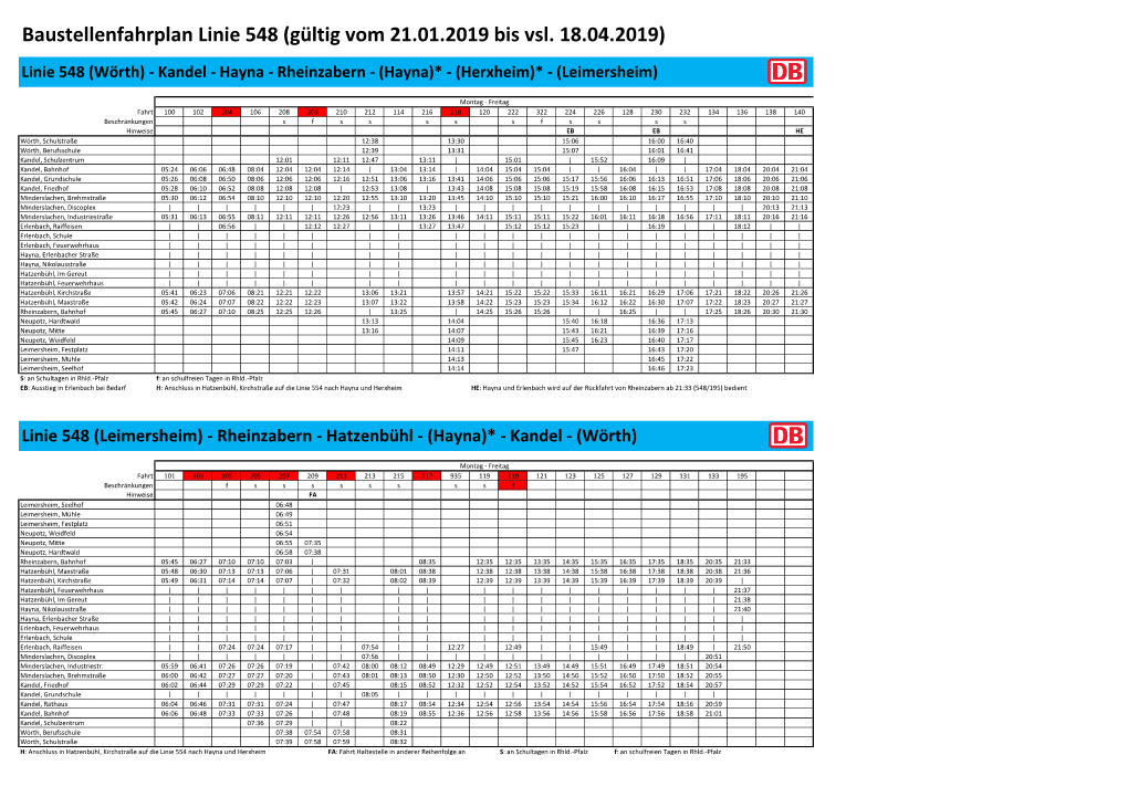 Baustellenfahrplan Linie 548 (Gültig Vom 21.01.2019 Bis Vsl. 18.04.2019)