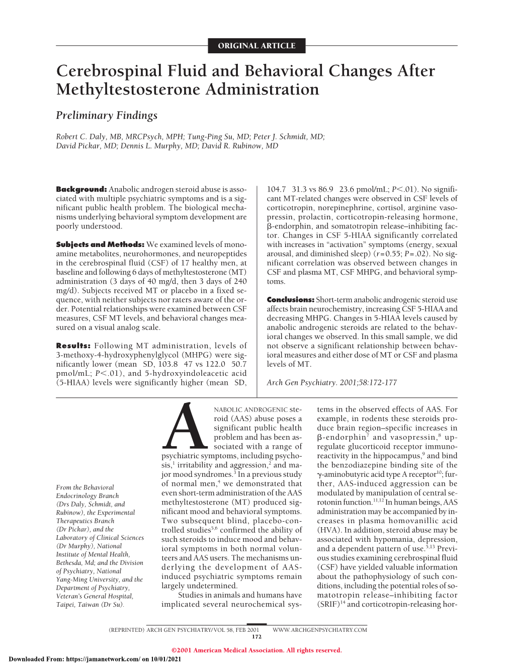 Cerebrospinal Fluid and Behavioral Changes After Methyltestosterone Administration Preliminary Findings