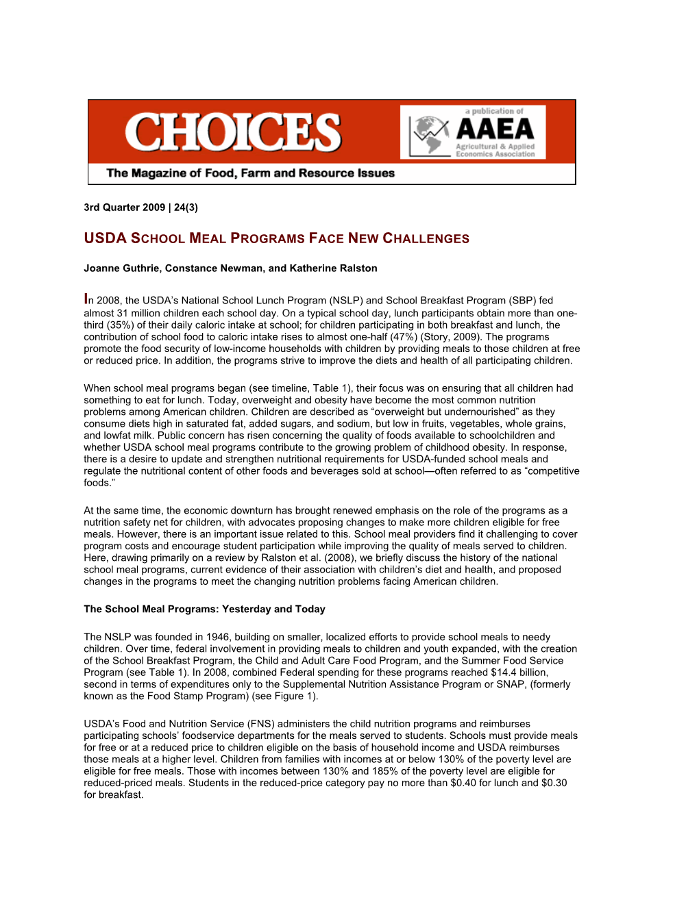 USDA School Meal Programs Face New Challenges (Pdf)