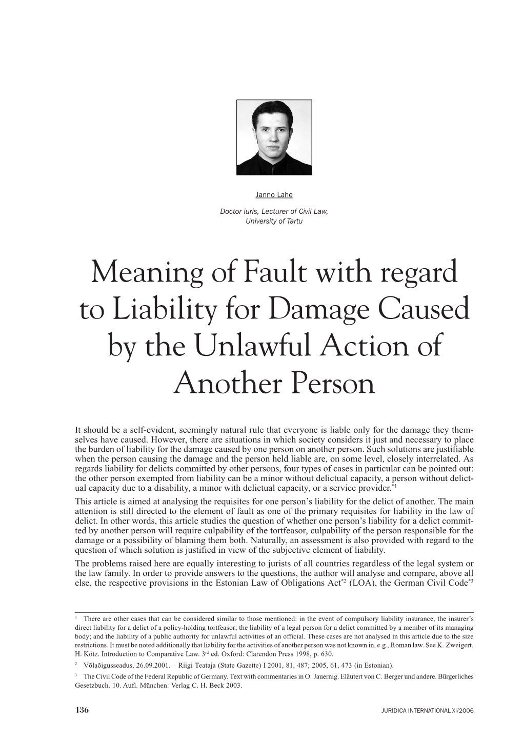 Meaning of Fault with Regard to Liability for Damage Caused by the Unlawful Action of Another Person