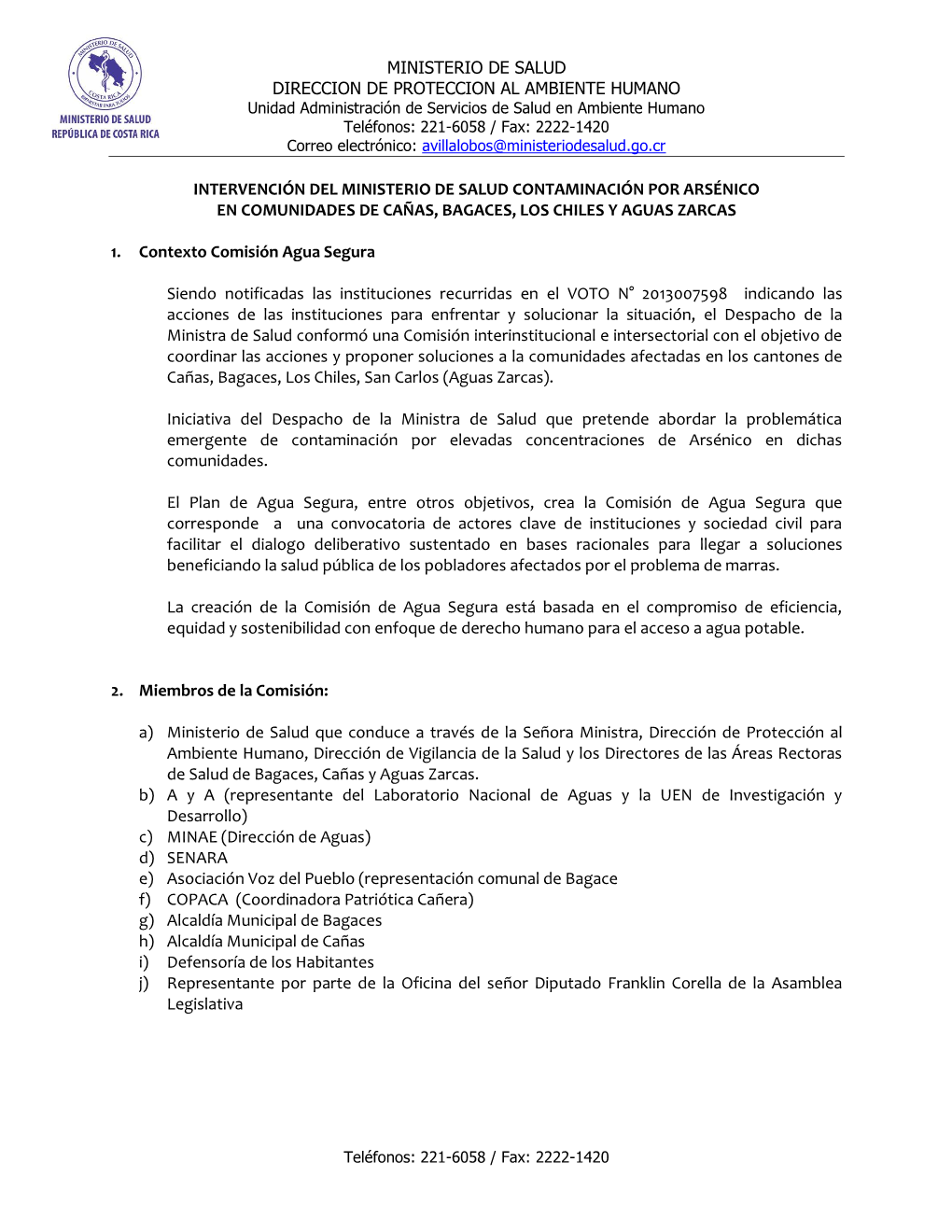 Intervención Del Ministerio De Salud Contaminación Por Arsénico En Comunidades De Cañas, Bagaces, Los Chiles Y Aguas Zarcas