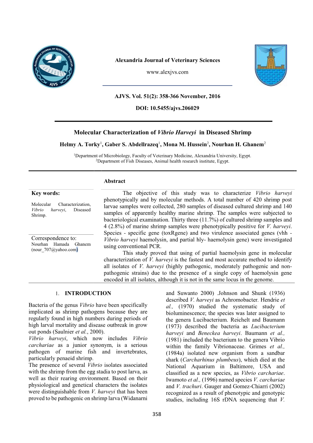 Molecular Characterization of Vibrio Harveyi in Diseased Shrimp