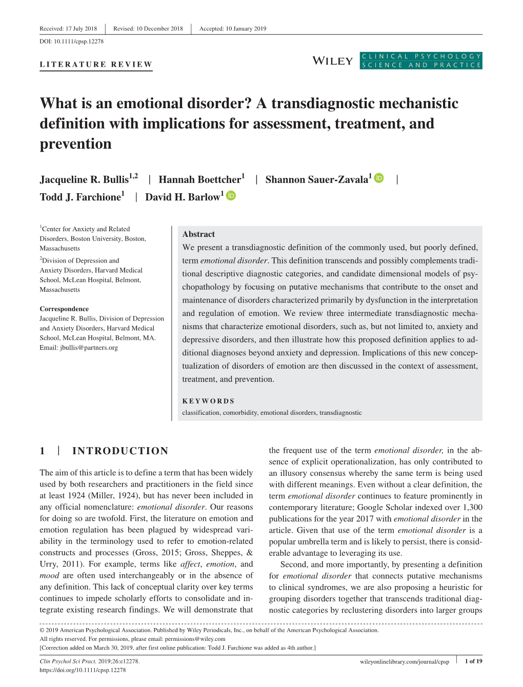 What Is an Emotional Disorder? a Transdiagnostic Mechanistic Definition with Implications for Assessment, Treatment, and Prevention