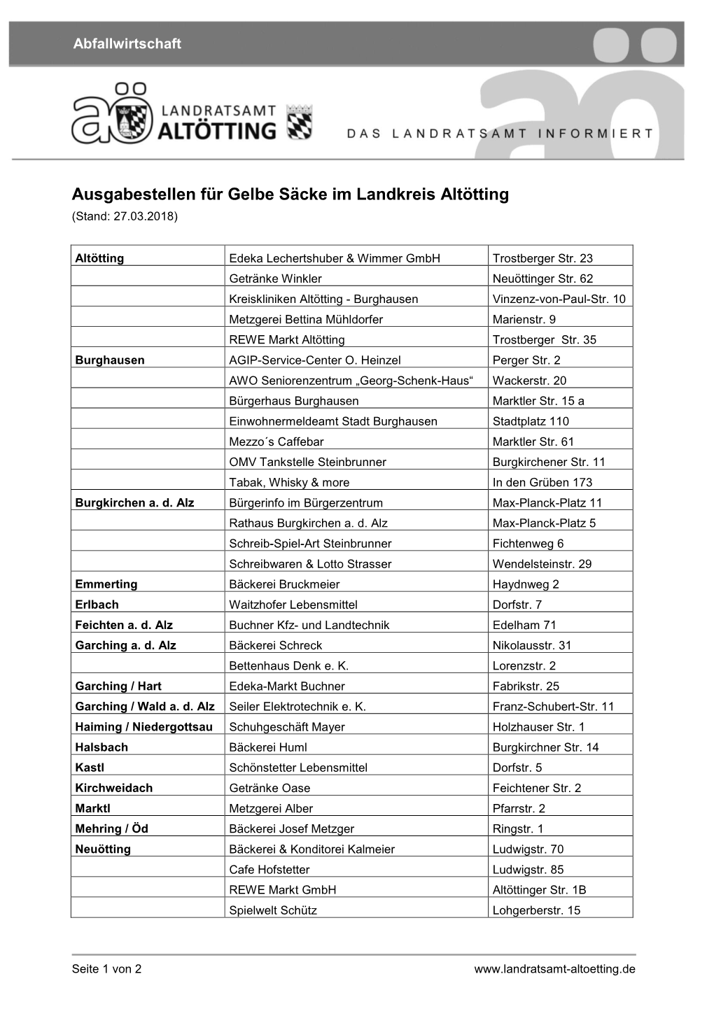 Ausgabestellen Für Gelbe Säcke Im Landkreis Altötting (Stand: 27.03.2018)