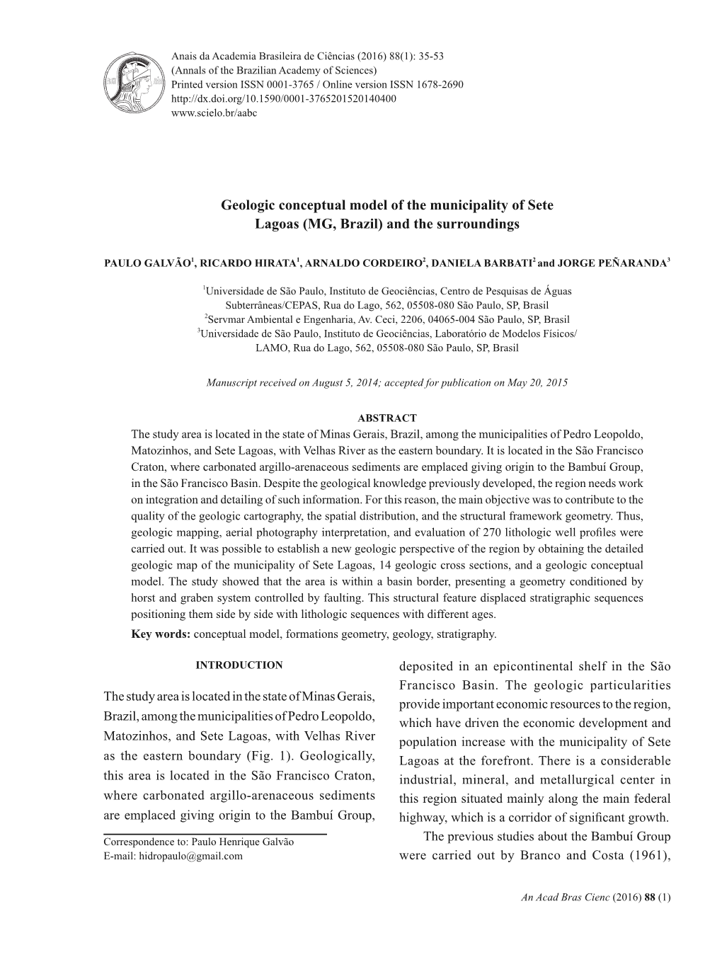 Geologic Conceptual Model of the Municipality of Sete Lagoas (MG, Brazil) and the Surroundings