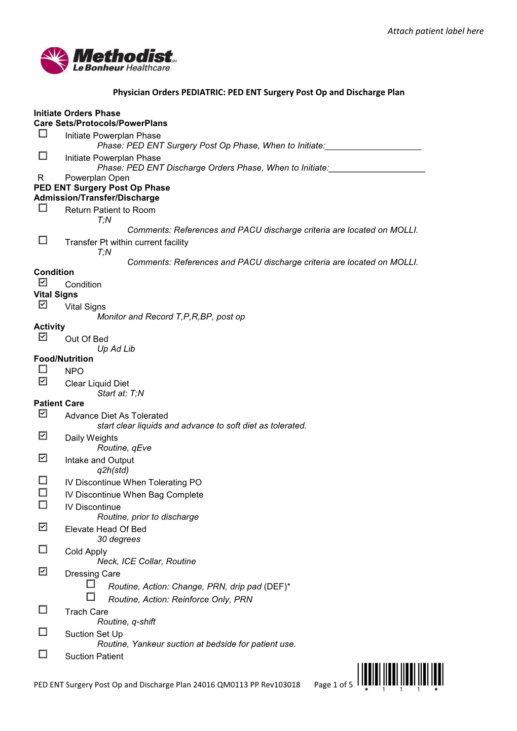 PED ENT Surgery Post Op and Discharge Plan