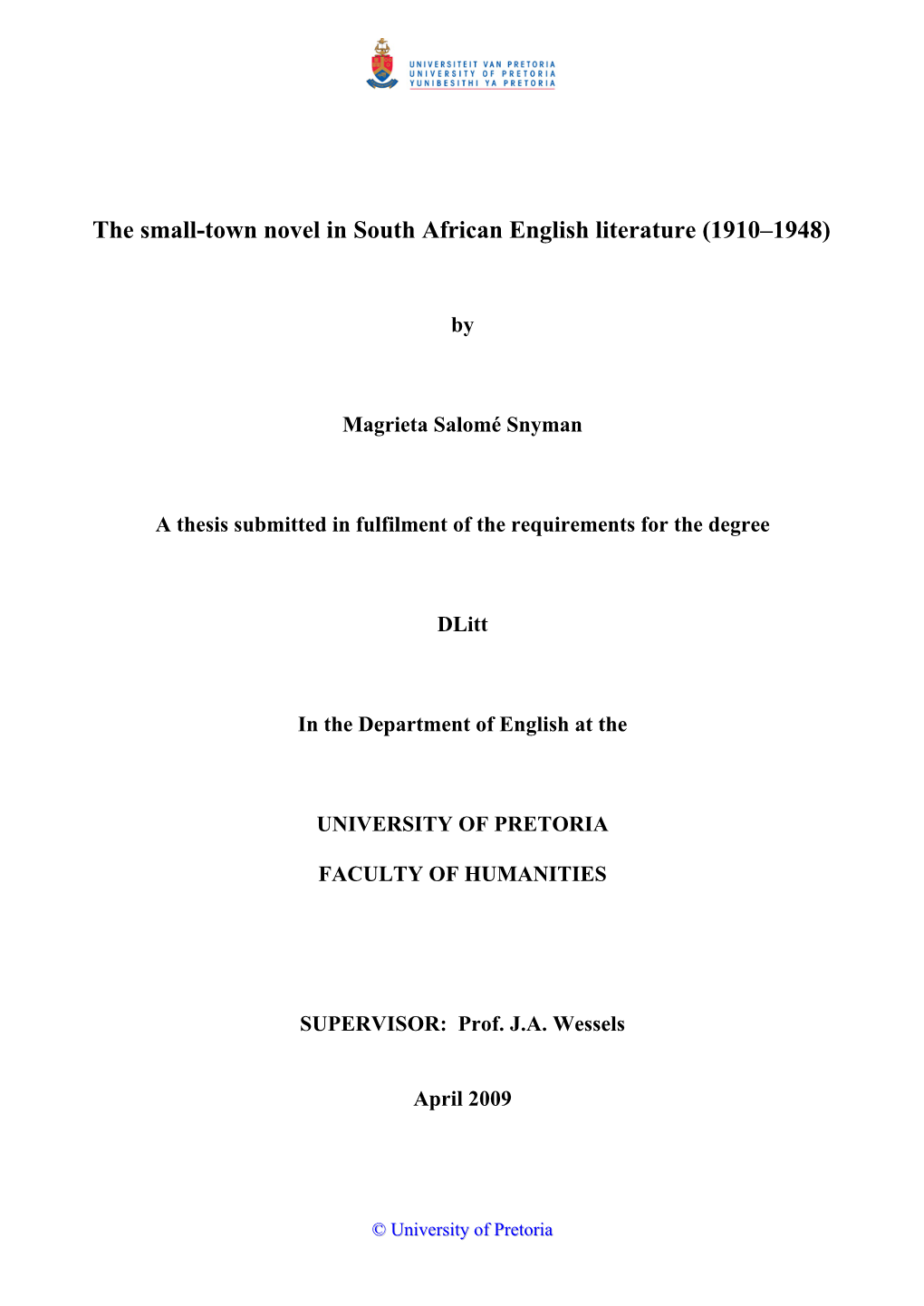 The Small-Town Novel in South African English Literature (1910–1948)