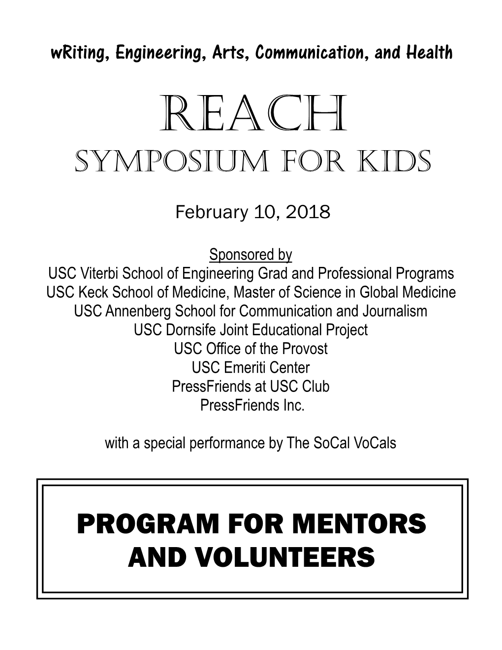 Symposium for Kids PROGRAM for MENTORS and VOLUNTEERS