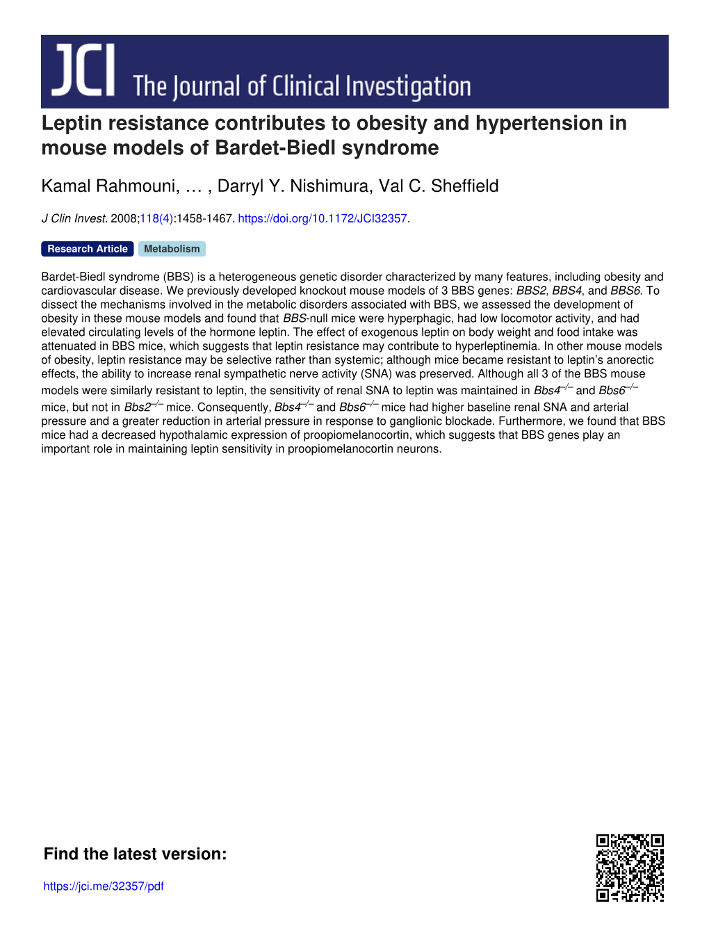 Leptin Resistance Contributes to Obesity and Hypertension in Mouse Models of Bardet-Biedl Syndrome