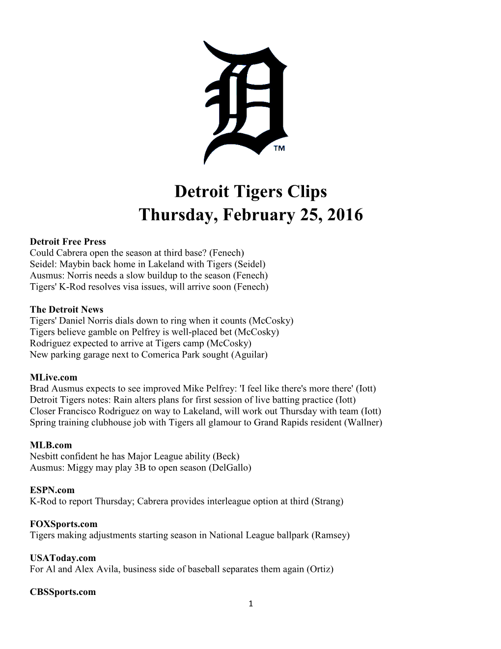 Detroit Tigers Clips Thursday, February 25, 2016