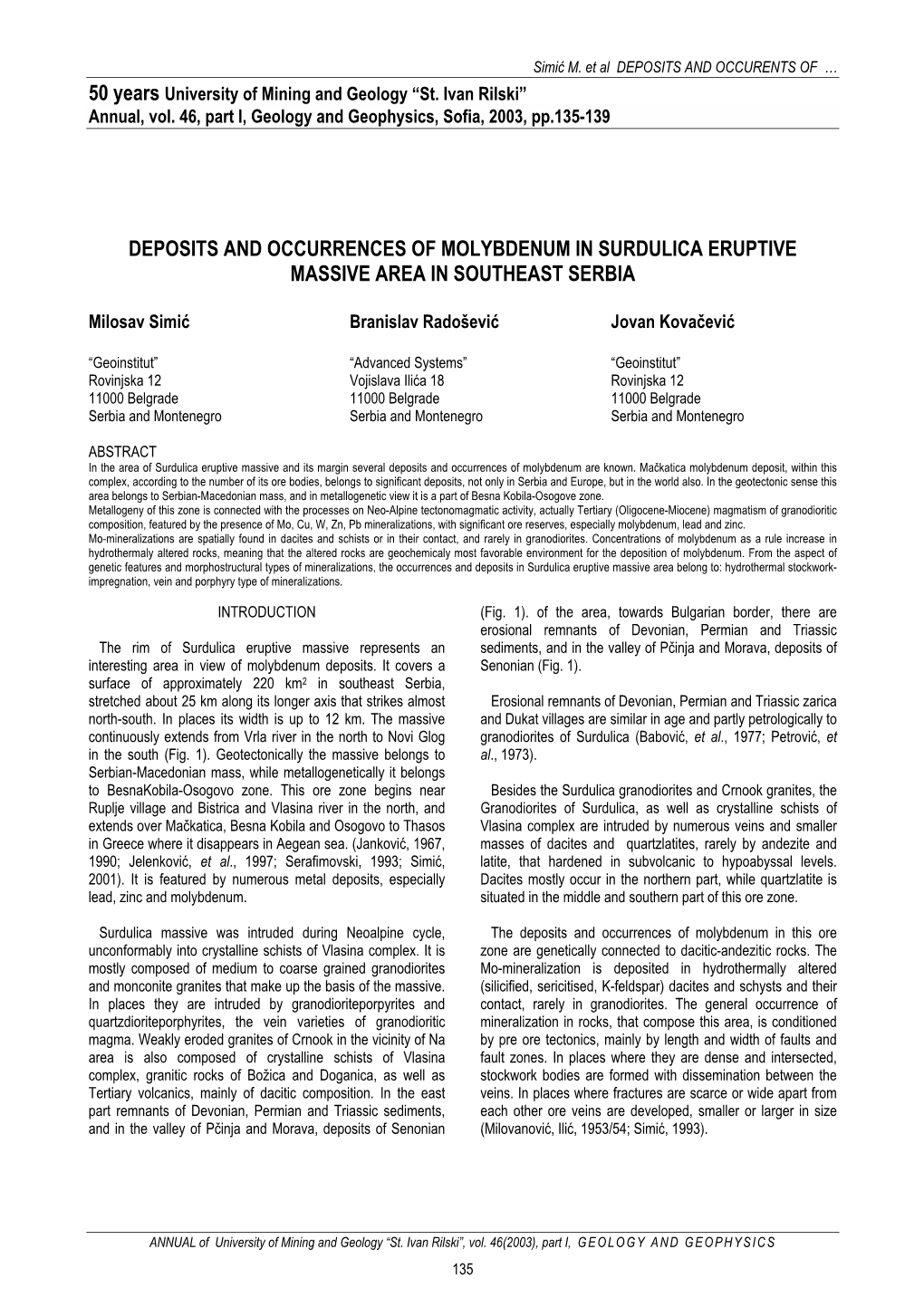 Deposits and Occurrences of Molybdenum in Surdulica Eruptive Massive Area in Southeast Serbia