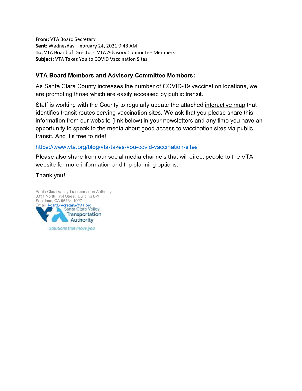 VTA Board Members and Advisory Committee Members: As Santa Clara County Increases the Number of COVID-19 Vaccination Locations