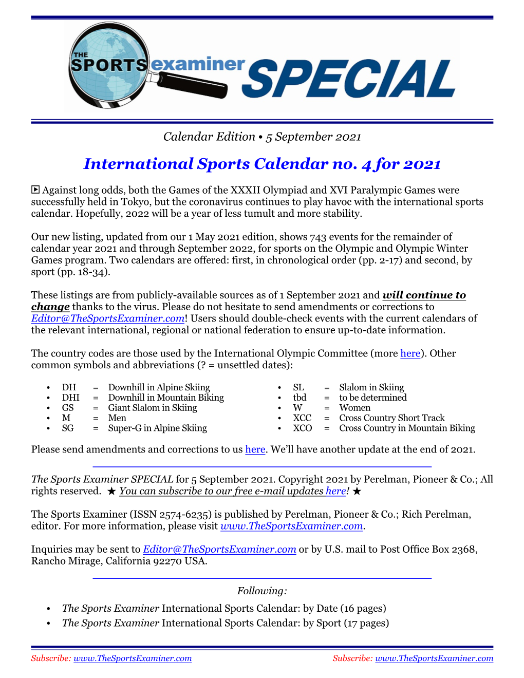 International Sports Calendar No. 4 for 2021