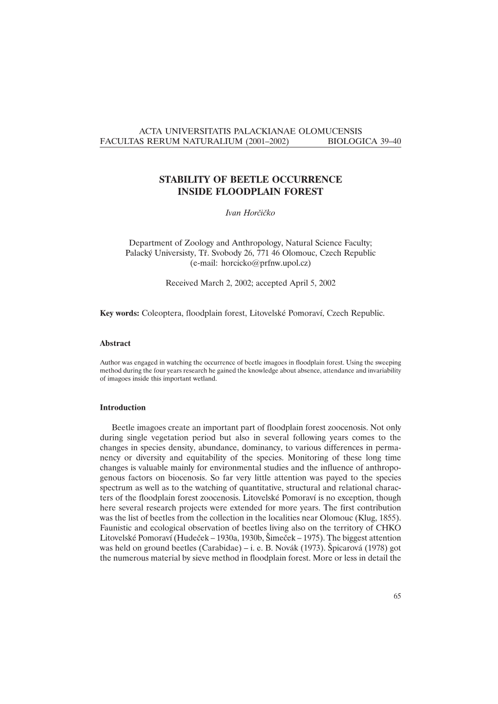 Stability of Beetle Occurrence Inside Floodplain Forest