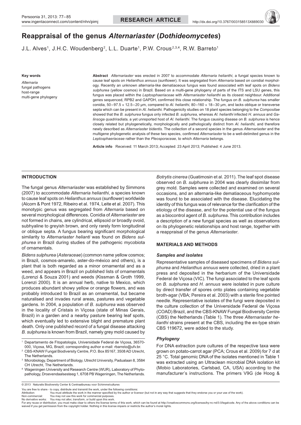 Reappraisal of the Genus Alternariaster (Dothideomycetes)