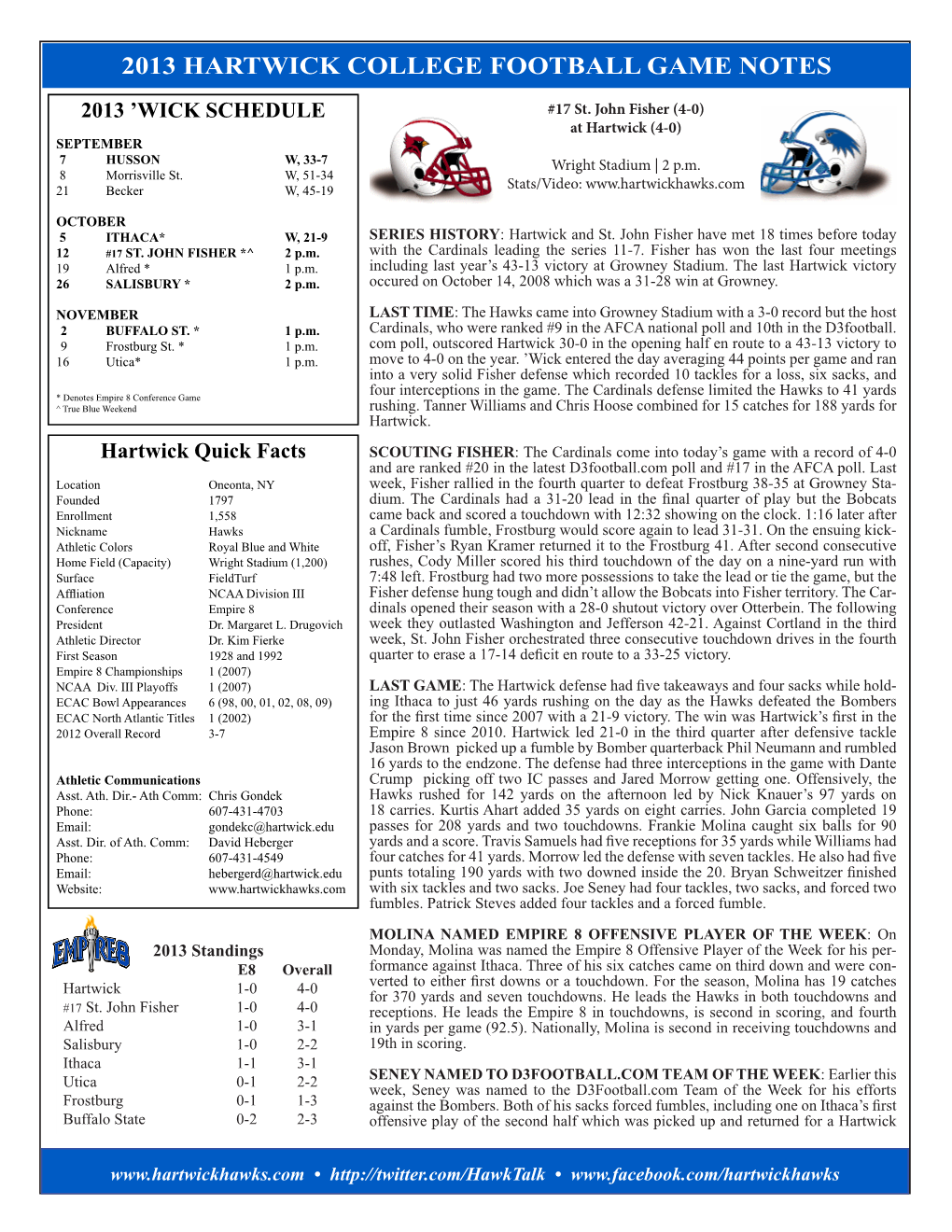 2013 Hartwick College Football Game Notes