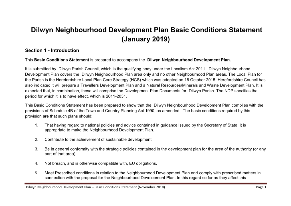 Dilwyn Neighbourhood Development Plan Basic Conditions Statement (January 2019)