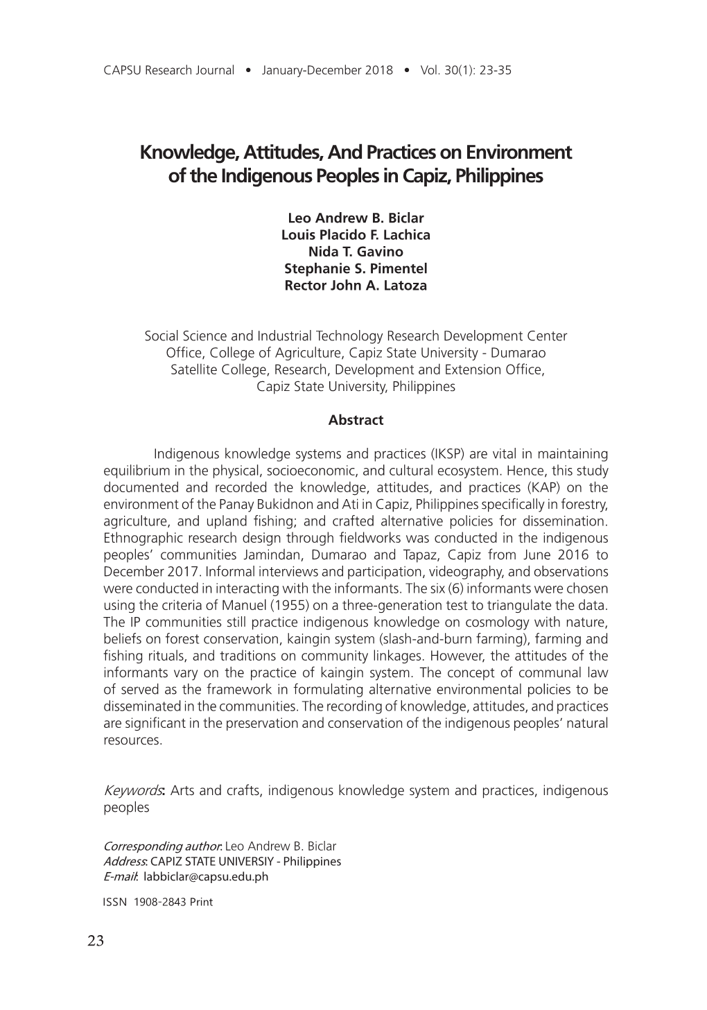 Knowledge, Attitudes, and Practices on Environment of the Indigenous Peoples in Capiz, Philippines